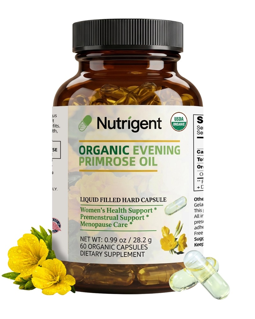 Integratore di olio di Sera Organica Primrose, 940 mg 100% puro con 10% GLA, capsule organiche liquide ad alto assorbimento, promuove la salute e la salute della pelle delle donne, pressato a freddo, 60 conte