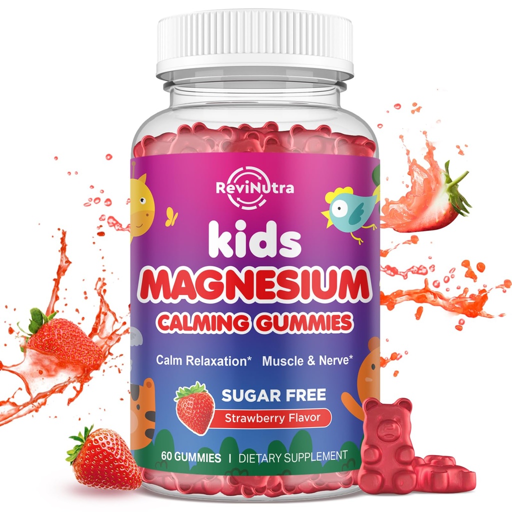 Gummie di Magnesio per bambini - Magnesio Glycinate Gummies con L-teanina, Camomilla, Vitamina B6, D per bambini e adulti dormire, Stress, Muscolo Rilievo & Nerve Bone - Zucchero Fragola Gratis 60ct