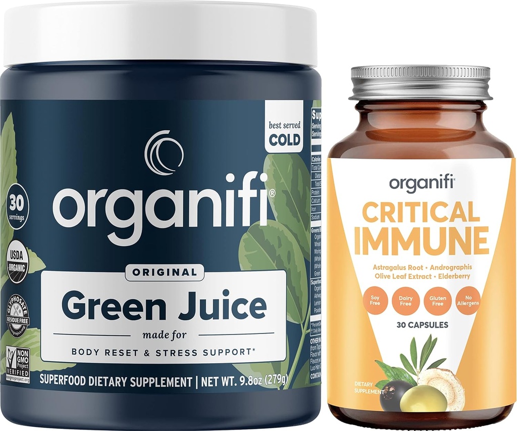 Organifi Green Juice Superfood Powder (30 Serve) e Critical Immune (30 capsule) - Vitamina C, Controllo del peso, Detox Cleanse, Stress Relief and Immunity Support - Gluten Free, Vegan, Whole Food