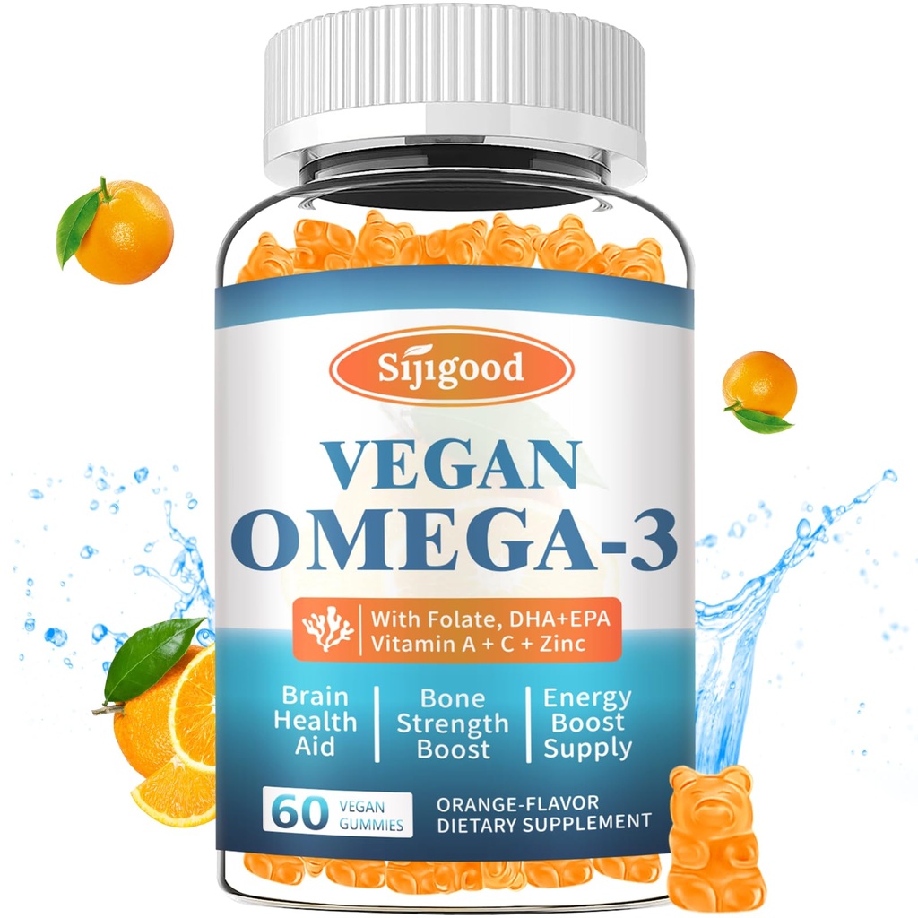 Omega-3 Gummies Potente Algae Omega Source, Boost cervello, occhio e funzione immunitaria, con DHA e EPA Vegan & Sugar Free, Arancione Flavor, 60 Conte