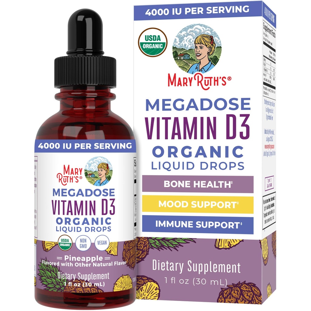 Gocce liquide della vitamina D3 di MARYRUTH | Megadose 4000 IU | USDA Liquid Vitamin D Spray per adulti e bambini | Supporto immunitario & Bone Salute | Vegan | Gluten Free | Non OGM | 30 Serve