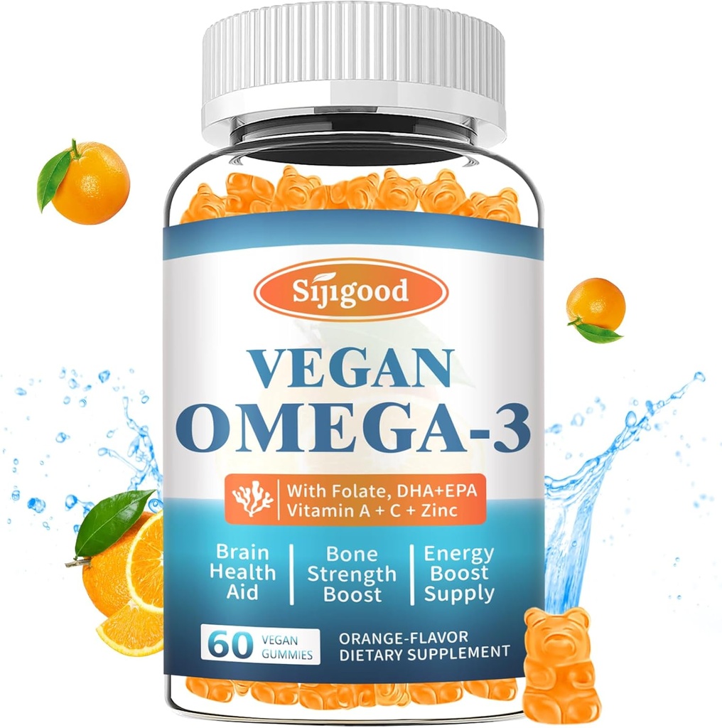 Omega-3 Gummies Potente Algae Omega Source, Boost cervello, occhio e funzione immunitaria, con DHA e EPA Vegan & Sugar Free, Arancione Flavor, 60 Conte