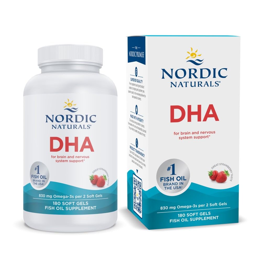 Nordic Naturals DHA, Fragola - 180 Gel Morbidi - 830 mg Omega-3 - Formula DHA ad alta intensità per il supporto del sistema cerebrale e nervoso - Non OGM - 90 Serve