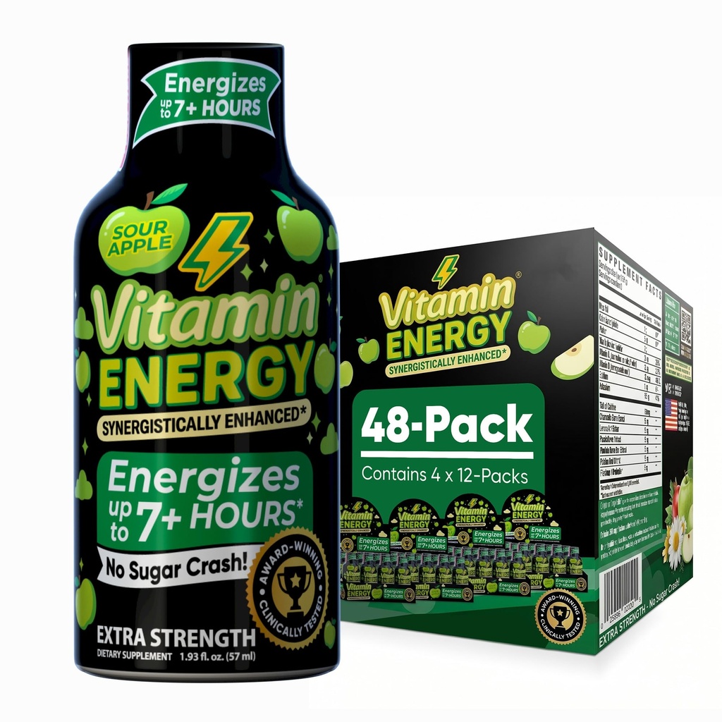 Vitamin Energy Workout+ Extra Strength Energy Shot Sour Apple 48 Pack, 260mg Natural Caffeine, Pre-Workout, B-Vitamins, Minerali, Endurance & Performance, Zero Sugar, Gluten-Free, Vegan, 1.93 fl oz