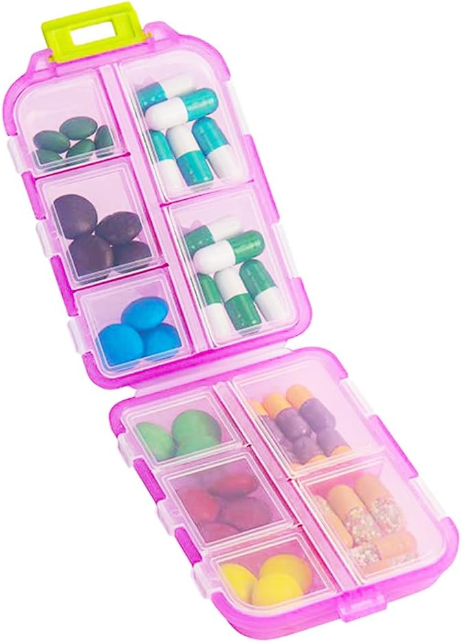 Organizzatore di pillole di viaggio, scatola di Dispenser di medicina quotidiana di prova dell'umidità, piccolo caso di vitamina settimanale per supplemento, olio di pesce, medaglie, contenitore di capsule carino della farmacia tascabile 10 scomparti, rosa
