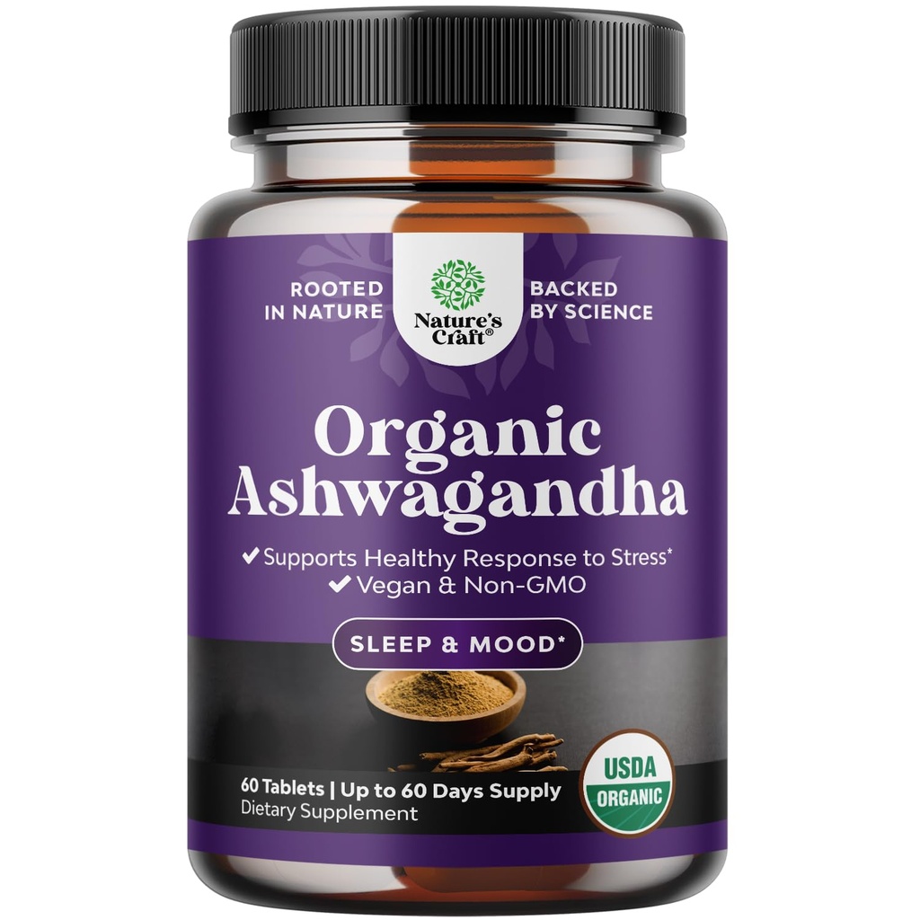 High Strength Organic Ashwagandha Supplements - Ashwagandha Organic Tablets for Mood Support & Hormone Balance for Women & Men - Root Extract Powder with Black Pepper for Better Absorption - 60 Ct