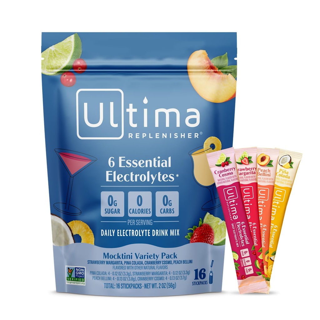 Ultima Replenisher Daily Electrolyte Powder Drink Mix – Sugar Free – Mocktini Variety, 16 Stickpacks – Hydration Packets con 6 elettroliti chiave e minerali Trace – Keto Friendly, Non OGM