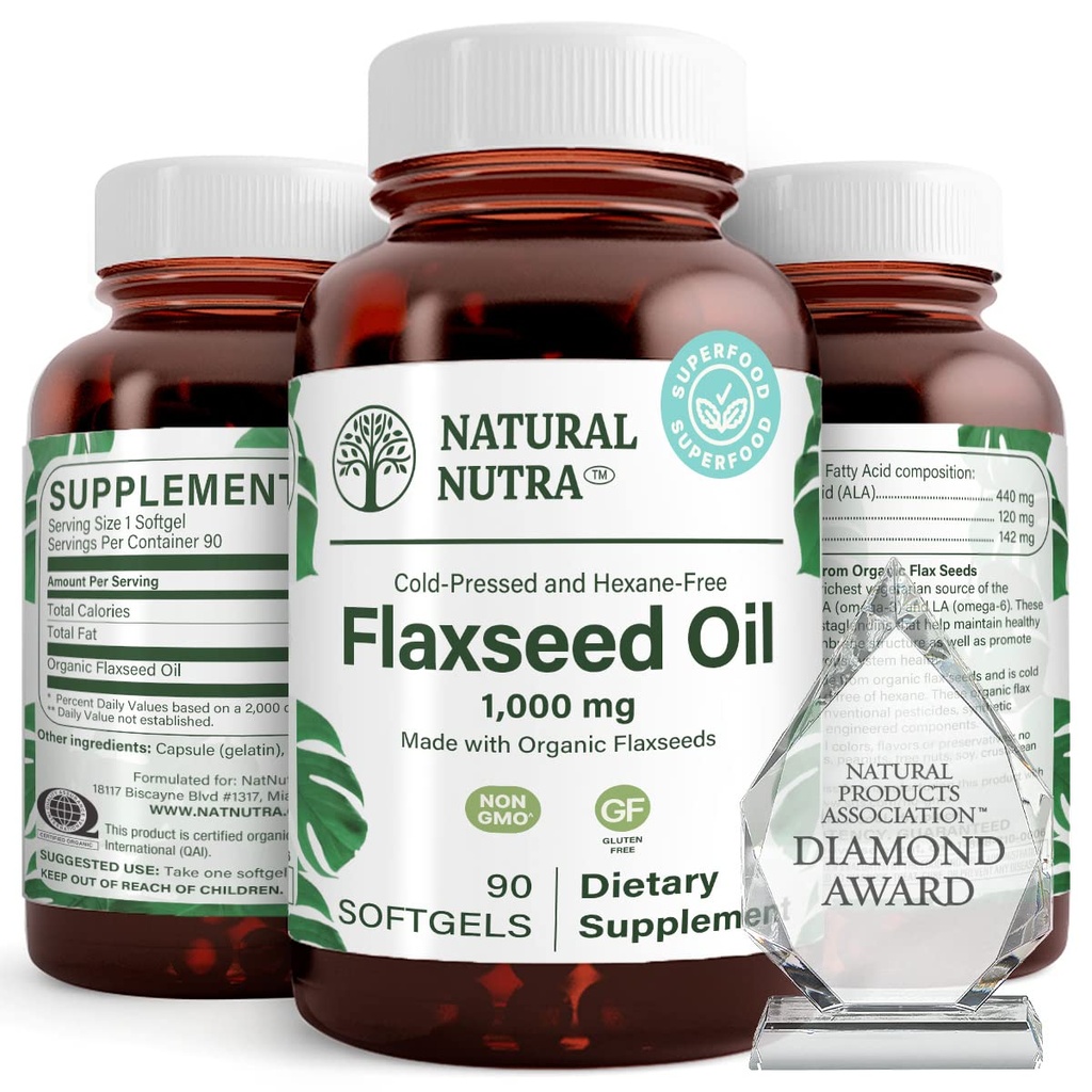 Natural Nutra Organic Flaxseed Oil Softgels, promuove la crescita dei capelli, aiuto nella perdita di peso, aiuta a migliorare il sistema immunitario, promuove sano Nervous System & Hair Growth, Omega 3 6 9, 1000 mg, 90 Softgels
