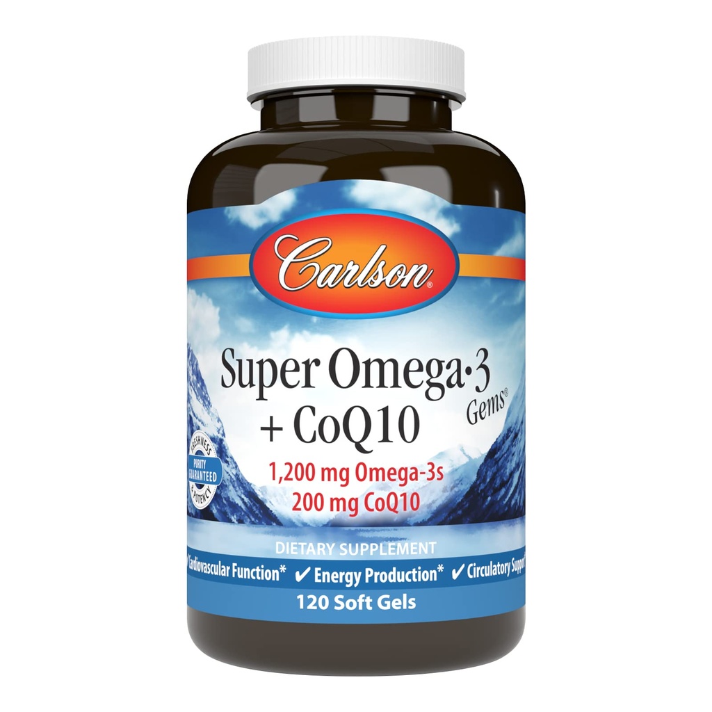 Carlson - Super Omega-3 Gems + CoQ10, 1200 mg Omega-3s 200 mg CoQ10, Funzione di Circolazione, Produzione di energia e supporto circolatorio, 120 Softgels