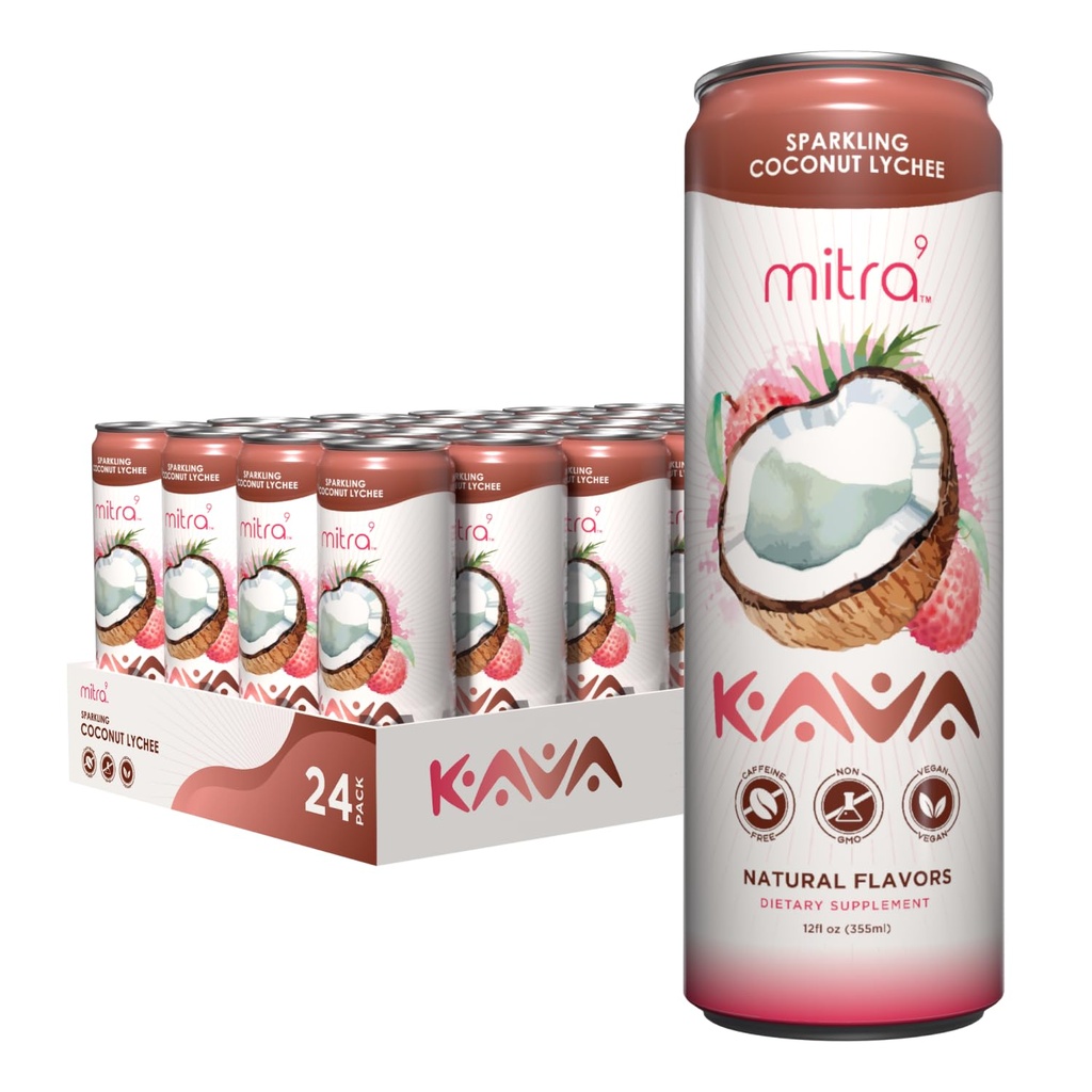 MITRA-9 Bevande botaniche - Lichee di cocco Spumante Kava Bere con Kava Root Extract - Mood Enhancer - Pianta Basata - Promuove Natural Calm & Clarity (12 Fl. Oz) (24)