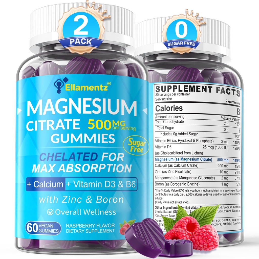 Magnesio Citrato Gummies 500mg per Donne Uomini Zucchero Libero, Citrato di Magnesio per la costipazione | Gummie di Magnesio Chelato con B6 per Mood, Calma |Calcium Magnesium Zinc D3 Supplemento per Bone & Muscolo