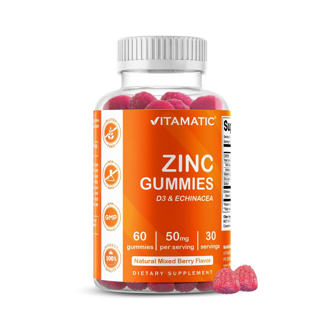 Vitamatic Zinc 50mg Gummies – 60 Vegan Gummies Gluten Free – Assistenza Immune sana per adulti, uomini e donne