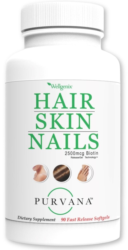Wellgenix Purvana Capelli, Pelle e Unghie - Un giorno Softgel - 2500mcg Biotina, DMAE, MSM, Coda di cavallo, Estratto di semi di Uva - Anti invecchiamento, PCOS & postpartum Hair Growth, Chiodi forti (90 Conte)