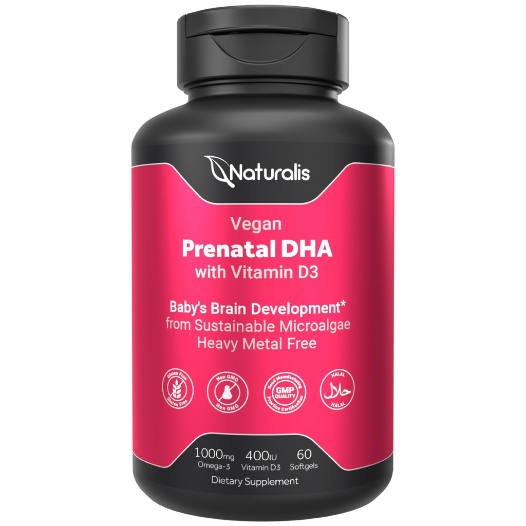 Naturalis Vegan Prenatal with Full Specrum Omega-3 | Algae DHA, EPA, DPA, Vitamin D3 & Active Folate L 5-MTHF | Vegan Society Certified, Sostenibilmente Sourced, Non-GMO & Soy Free | 60 Veggie Softgels