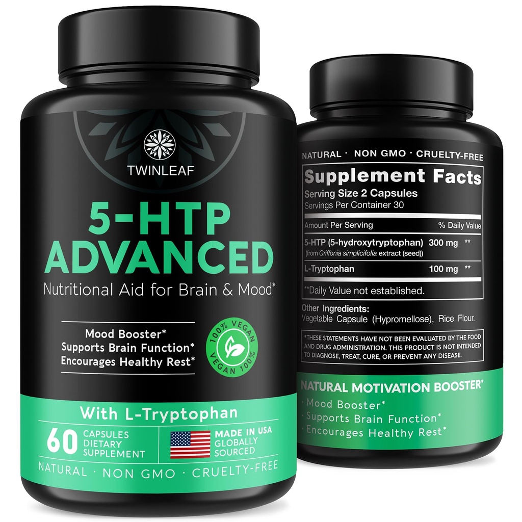 TWINLEAF 5 HTP Supplemento per il supporto al mood - Made in USA - Natural 5-HTP & L-triptophan Capsule - 5-HTP Booster per gli uomini e le donne - Formula Proprietario per l'umore e il relax - 60 Vegan Capsule