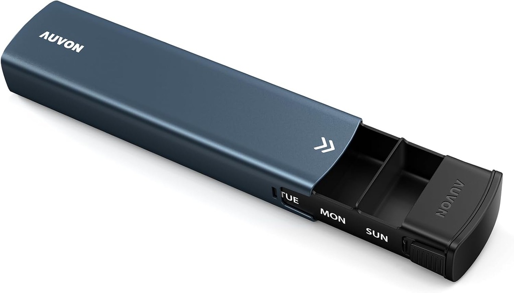 AUVON Metal Weekly Pill Organizer con Slide Design, Elegante Travel Pill Box 7 giorni per la protezione della privacy, Cassa in lega di alluminio con grande scomparto per integratori, Fish Oil (Dark Blue)