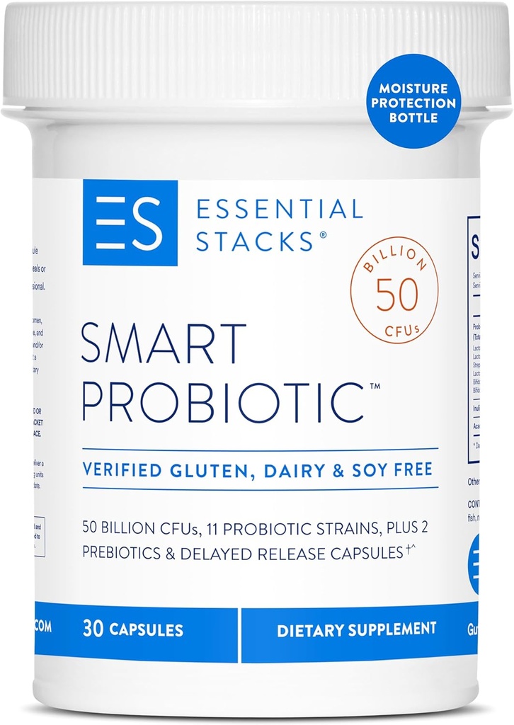 Essential Stacks Smart Probiotic - 50 miliardi di CFU, 11 Probiotici Strains, 2 Prebiotici, Delayed Release Capsules - Un Prebiotico giornaliero per le donne e gli uomini (30 capsule)