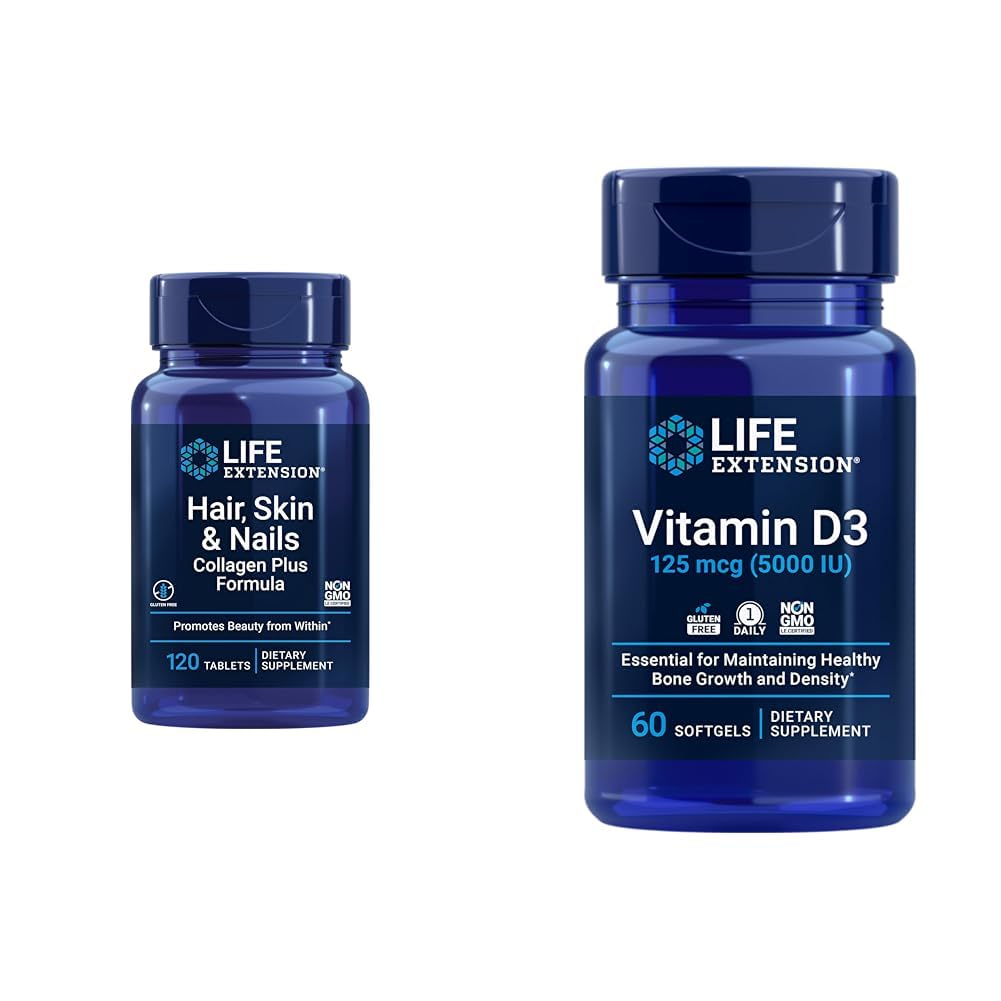 Estensione di vita Hair, Skin & Nails Collagen Plus Formula con Vitamina D3 5000 IU - Promuove il collagene, la cheratina, il chiodo, il cervello, la salute immunizza e le unghie - 120 Count & 60 Softgels