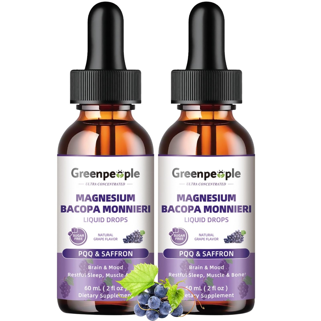 GREENPEOPLE Magnesio Glycinate Liquid Drops - 1000mg 5-in-1 Magnesio ad alto assorbimento liquido per il sonno con D3/K2/B6 | Fast-Acting, Bone, Muscle & Sleep | Zucchero-Free Grape Flavor, 2fl Oz 2 Pack