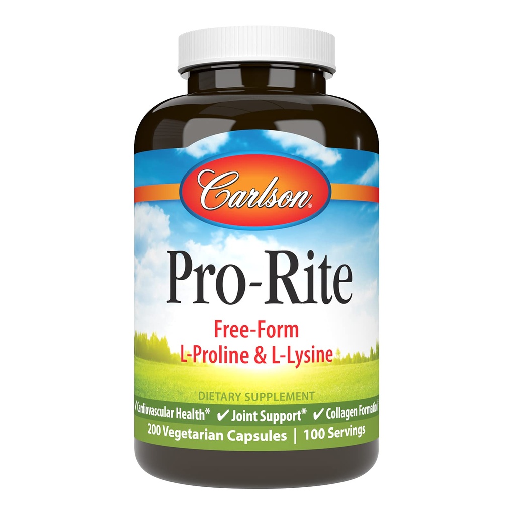 Carlson - Pro-Rite, Free-Form L-Proline & L-Lysine, Salute, Supporto Joint & Collagen Formazione, 200 Capsule