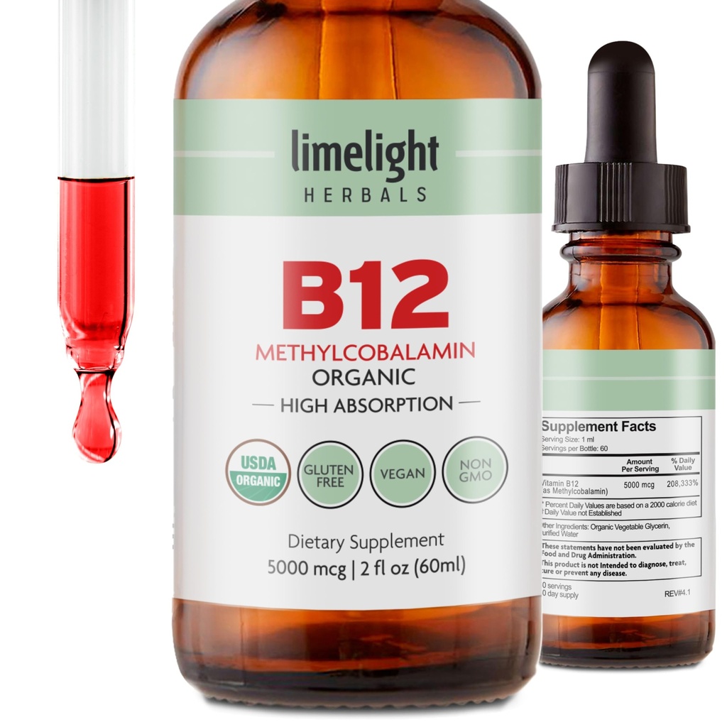 USDA Organic Vitamin B12 Liquid Drops – 5000 mcg Methylcobalamin – Sublingual, Fast-Absorbing Vegan Supplement – Energia, Metabolismo, Cervello, Cuore e Supporto Immune – Alcol-Free, 60 Servings, USA Made