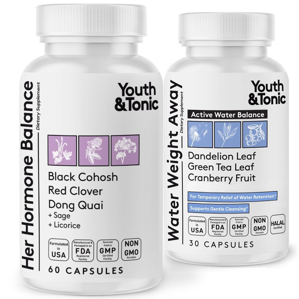 Youth & Tonic PMS & Menopause Bloating Relief Duo – Supporto per Puffiness, Equilibrio ormonale & Fluid Retention – Il suo bilanciamento dell'ormone + Peso dell'acqua Away erbe naturali per le donne, 90 capsule