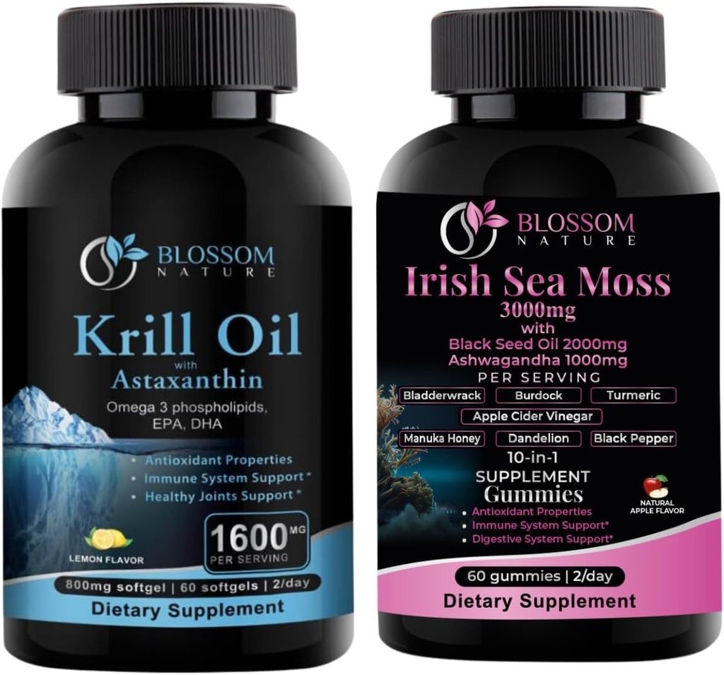 Antartico Krill olio 1600mg con Astaxanthin 2mg e Irish Sea Moss Gummies 3000mg con Black Seed Oil e Ashwagandha 2000mg