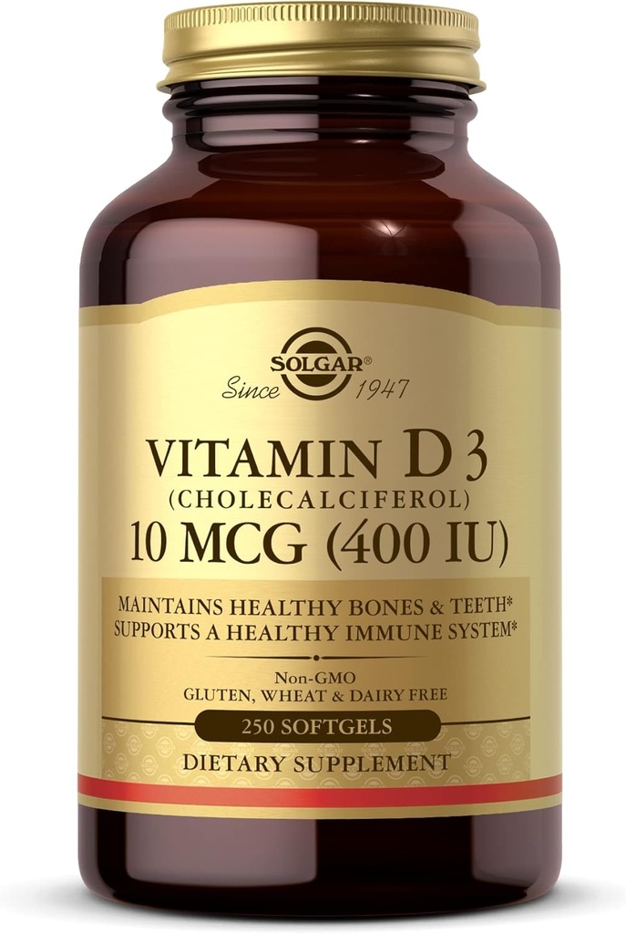 Solgar Vitamin D3 (Cholecalciferol) 10 MCG (400 UI), 250 Softgels - Aiuta a mantenere le ossa sane e denti - Supporto di sistema immunitario - Non OGM, Senza glutine, Latticini Free - 250 Serve