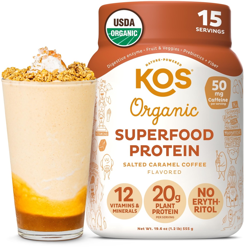KOS Vegan Protein Powder, Salted Caramel Coffee - Low Carb Pea Protein Blend, Organic Plant Superfood Rich in Vitamine & Minerali - Keto, Dairy Free - Meal Sostituzione per le Donne & Men - 15 Serve
