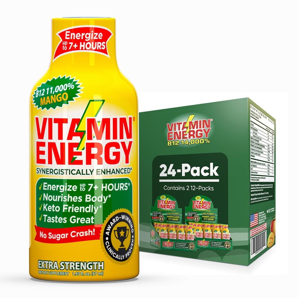 Vitamina Energy B12 11.000% Extra Strength Energy Shot Mango 24 Pack, 260mg Natural Caffeine, B12 & B6, Nootropic Focus, Vitality, Zero Sugar, Gluten-Free, Vegan, Kosher, 1.93 fl oz