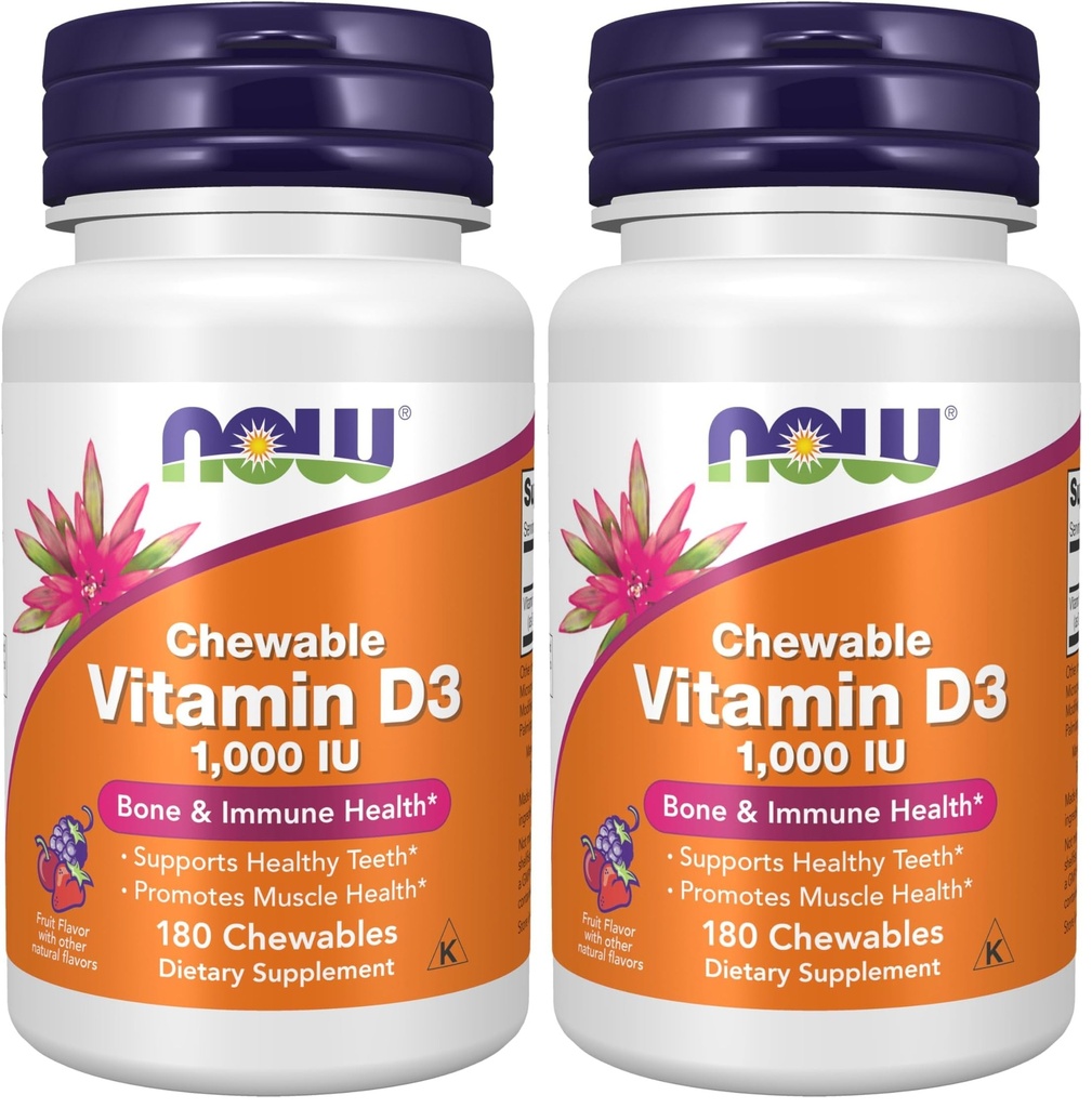 NOW Integratori, Vitamina D-3 1.000 UI, Frutta Naturale Aroma, Supporto Strutturale*, 180 Masticabili (Pacchetto di 2)