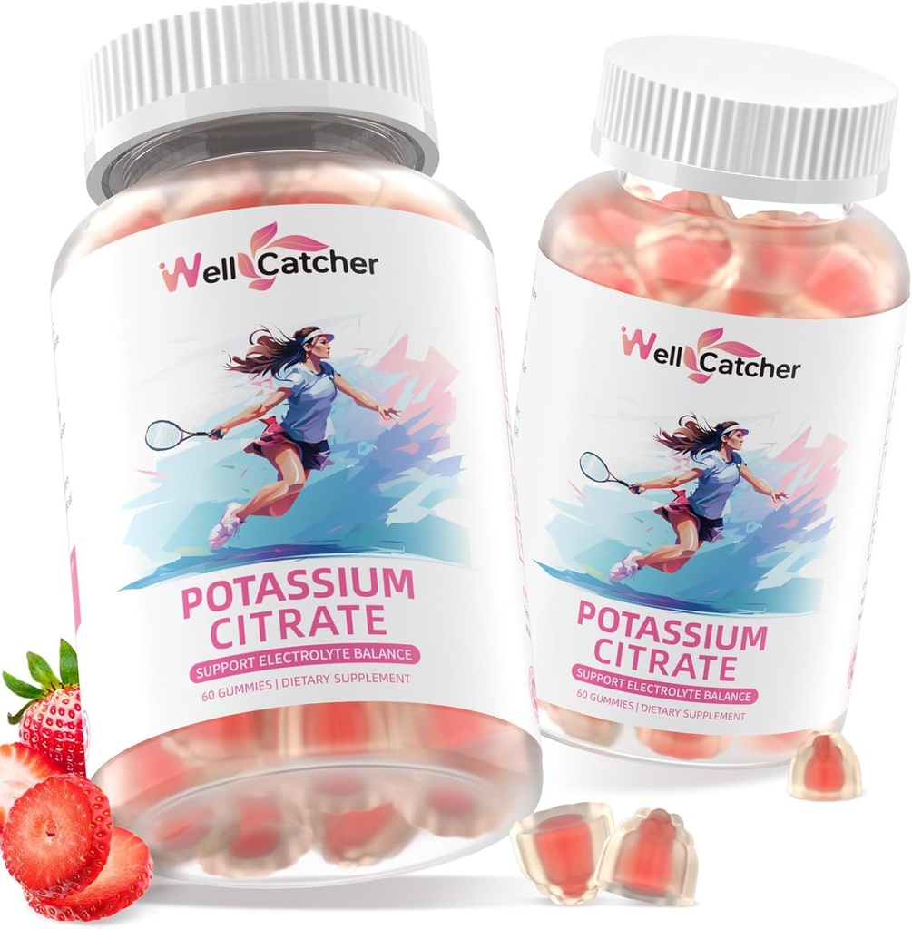 Gummie di citrato di potassio per adulti donne uomini - Supplemento di potassio alto 500 MG Zucchero Supporto libero Electrolyte Balance Gambe Vegan Non OGM Organic Strawberry Flavor 2 confezioni