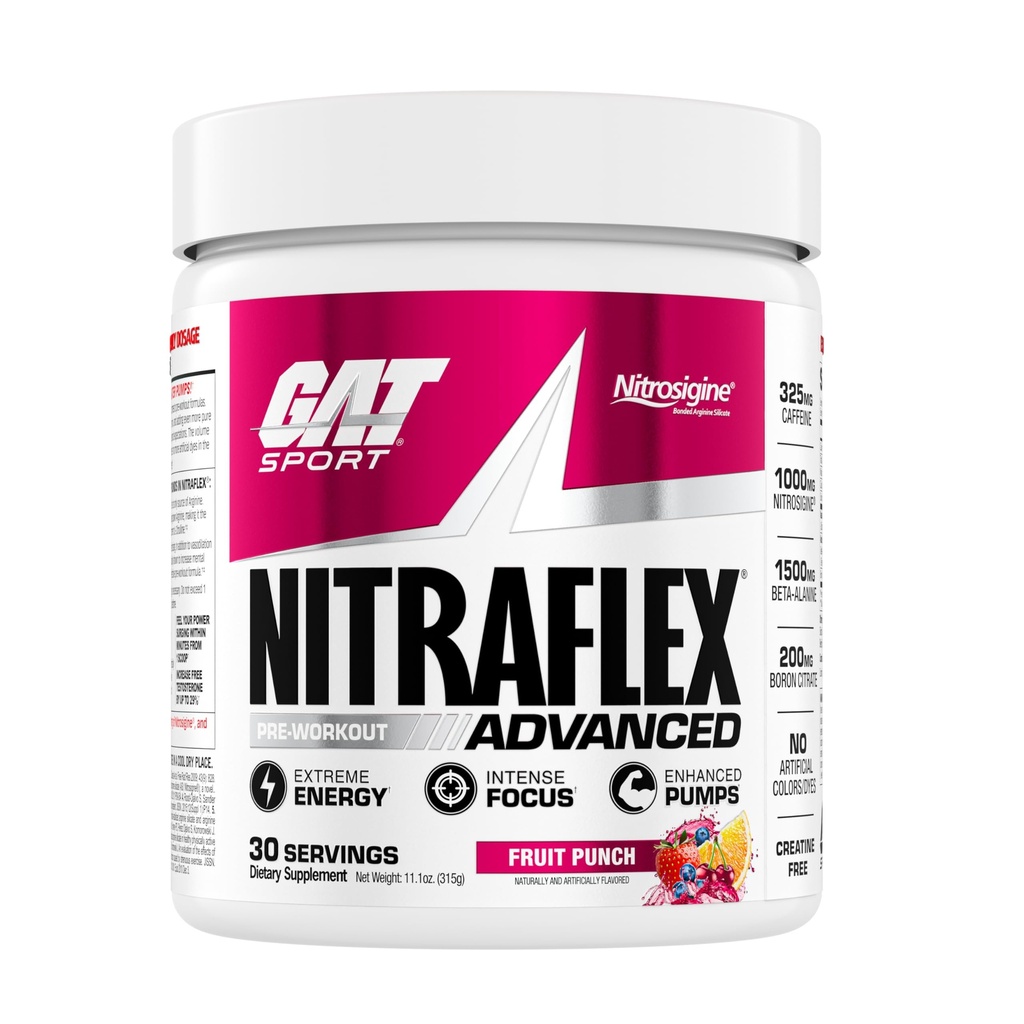 GAT SPORT Nitraflex Advanced Pre-Workout Powder, aumenta il flusso sanguigno, aumenta la resistenza e l'energia, migliora le prestazioni di esercizio, uomini e donne (freno, 30 porzioni)