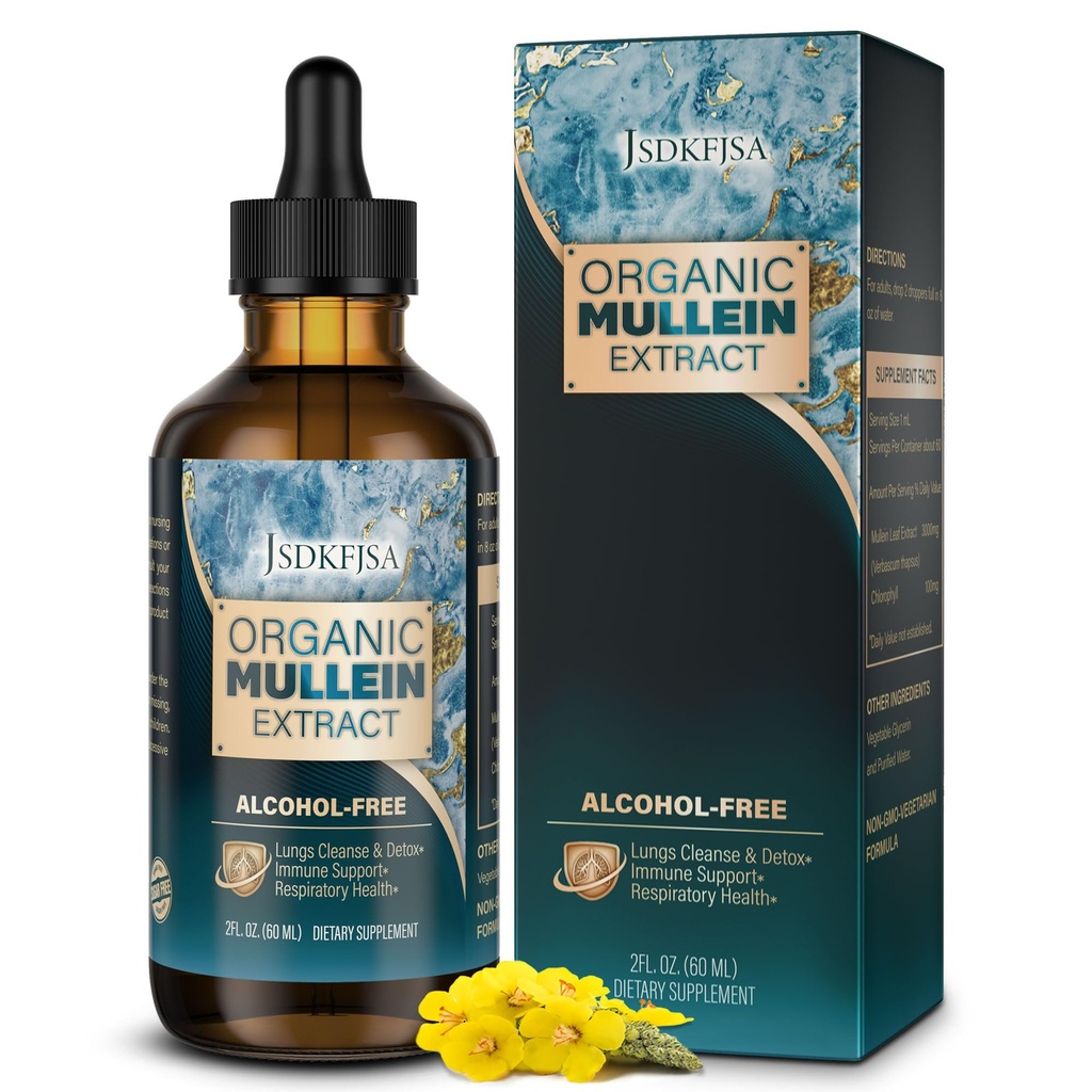 Gocce di Mullein per polmoni, supporto pulizia polmonare/detox & funzione respiratoria per il respiro sano - Estratto di foglie di Mullein per polmoni-2 fl.oz
