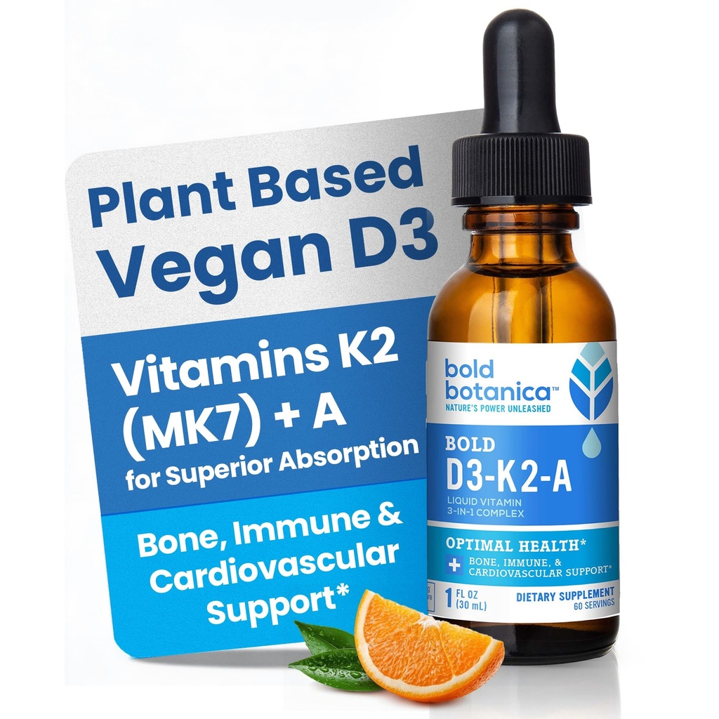 Bold Botanica D3-K2-A, Liquid Vitamin Complex, Vegan D3 da Alghe Biologiche con Vitamina K2 (MK7) e A per Supporto Immune, Natural Orange Flavor, Tastes Delicious, 1 FL OZ. (30mL)
