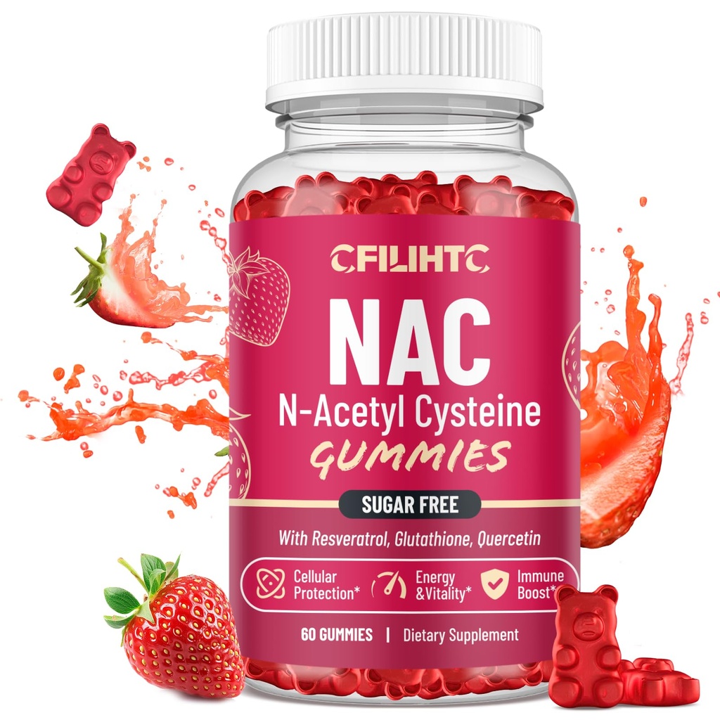 CFILIHTC NAC Gummies 600mg, N Acetyl Cysteine Supplement with Glutathione, Resveratrolo, Magnesio, CoQ10, NAC Chewable for Antioxidants & Immune Support, Strawberry Flavor 60 Gummies