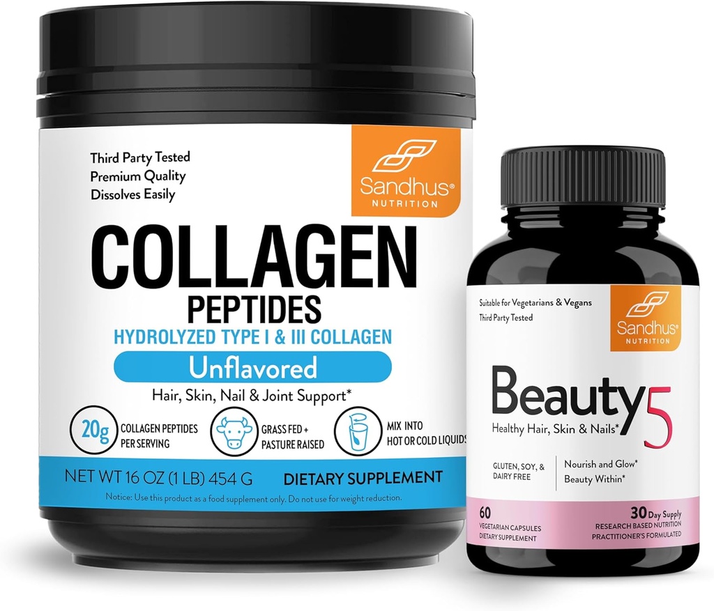Sandhu's Grass-Fed Collagen Peptides Powder & Beauty 5 Capsules| Integratori della pelle, promuove la pelle, capelli, salute delle unghie