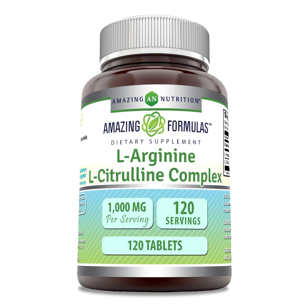Amazing Formulas L-Arginina/L-Citrulline Complex 1000mg 120 compresse Supplement| Non-GMO | Gluten Free | Made in USA