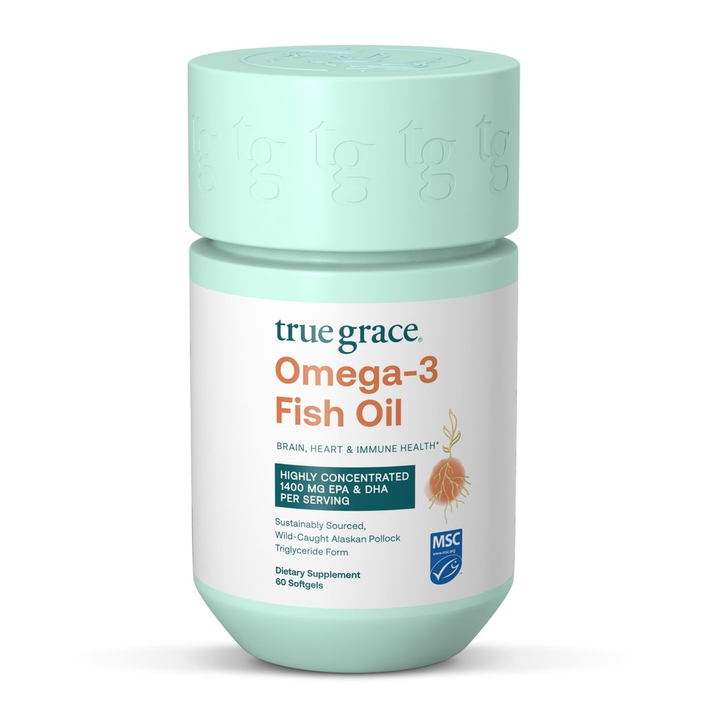 True Grace Omega-3 Fish Oil - 60 Softgels - 1400 mg EPA + DHA - Cervello, Cuore, Joint & Immune Health - Organic, Gluten Free, Soy Free