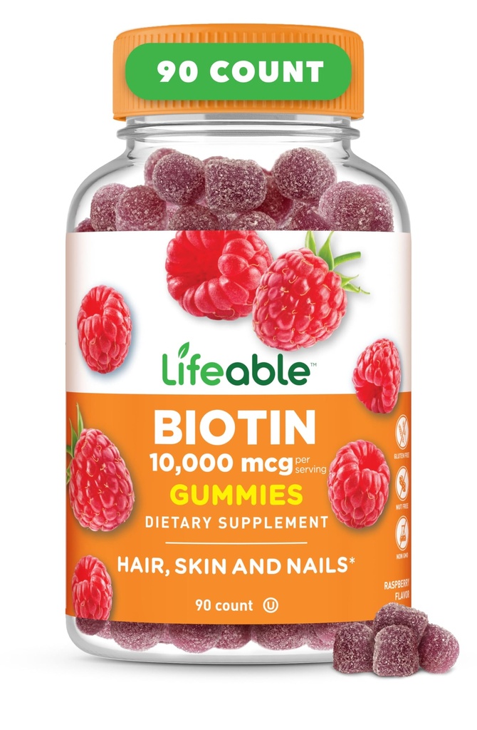 Gummies biotina vitale | 10.000mcg | Grande pelle degustatrice e unghie Gummies | Integratore biotina vegana senza OMO | Pelle per capelli e unghie Vitamine per le donne | 90 Gummies