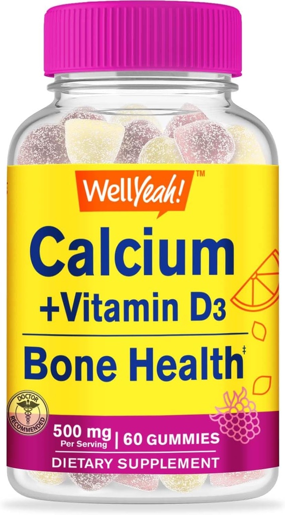 WellYes Calcium 500mg + Vitamina D3 1000 IU (25 mcg) Gummies - Bone Salute e Muscle Supprt, Gomma di supporto immunitario, Non OGM, Gluten Free, Mix Fruit Flavors - 60 Gummies