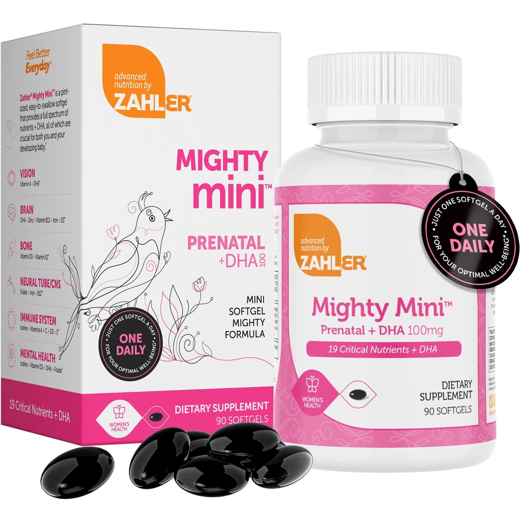 Zahler Mighty Mini Vitamina Prenatale con DHA & Folate - Certificata Kosher - Tutte le Vitamine Prenatali Naturali - Multivitamina per le Donne Incinte - 19 Vitamine Prenatali Comprese Acido Folico (90 Softgels)