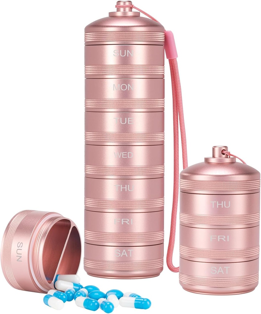 XHT Pink Weekly Metal Pill Organizer 7 giorno 2 volte al giorno – Estetica impermeabile AM PM Travel Pill Box, Heavy Duty Pill Holder e Medicine Pill Organizer per vitamine, Fish Oil & Supplements
