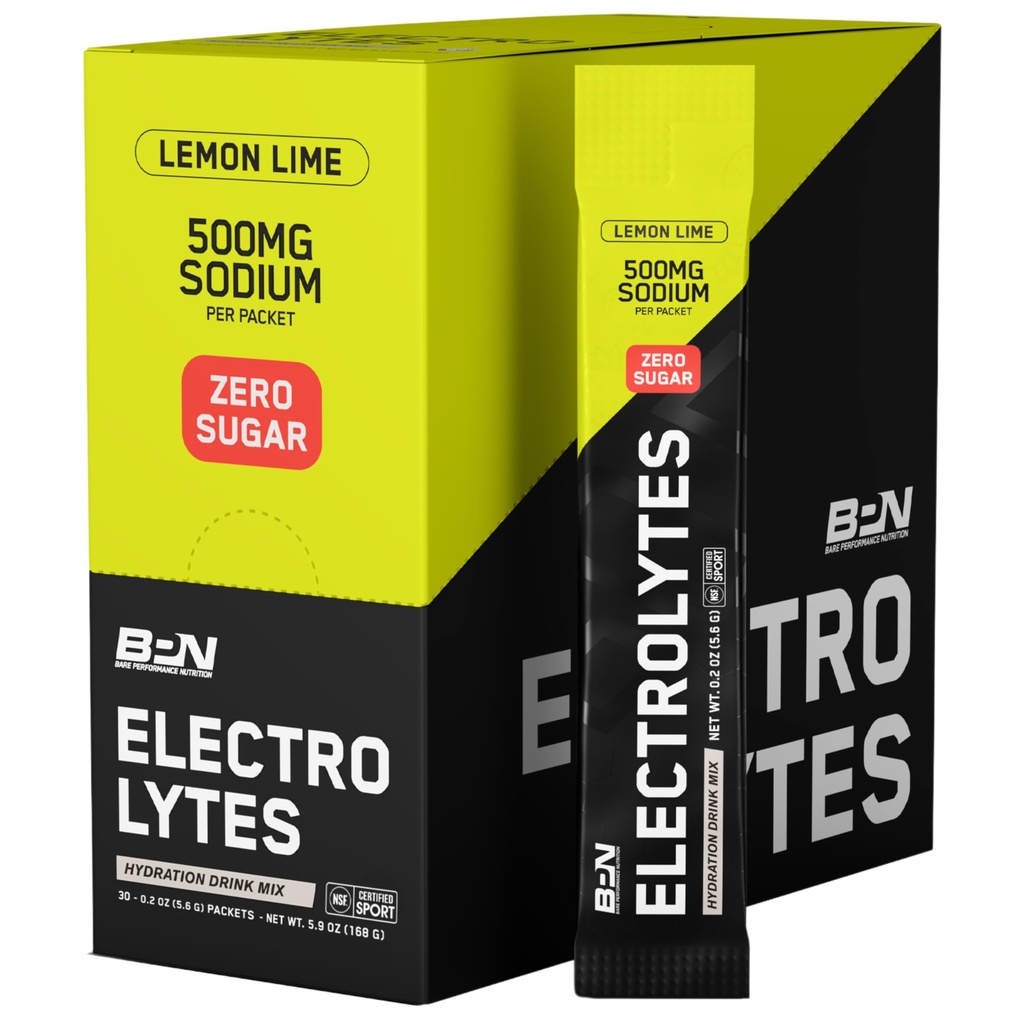 BARE PERFORMANCE NUTRITION BPN Electrolytes Go Packs Hydration Drink Mix | Sugar Free Electrolyte Powder | 500mg Sodium per Serving | Naturally Sweetened | Lime Lemon, 30 Servings