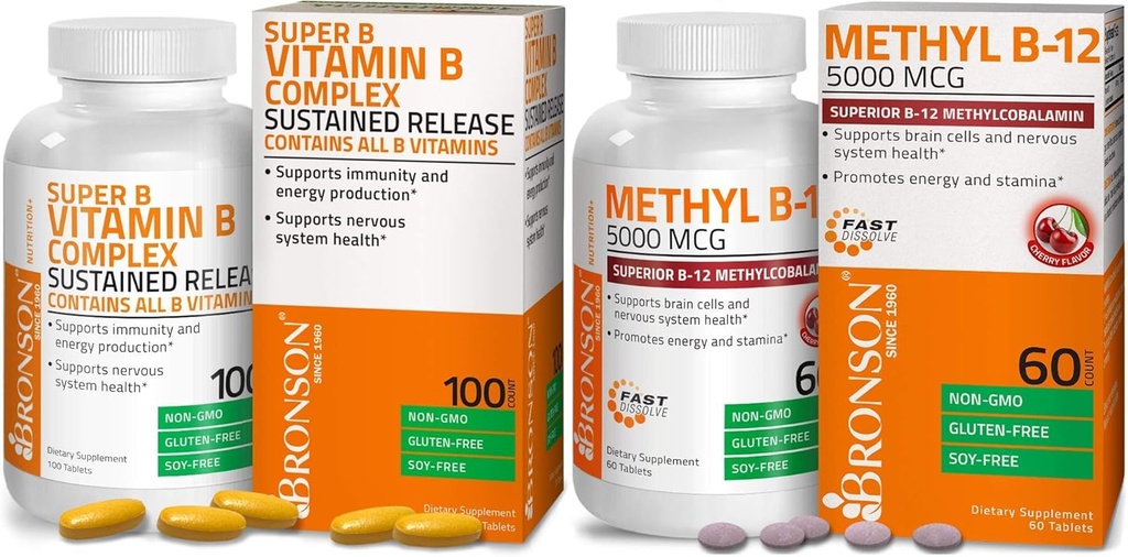 Bronson Methyl B12 5000 mcg Vitamina B12 Lozenges Methylcobalamin + Complesso di vitamina B Super B