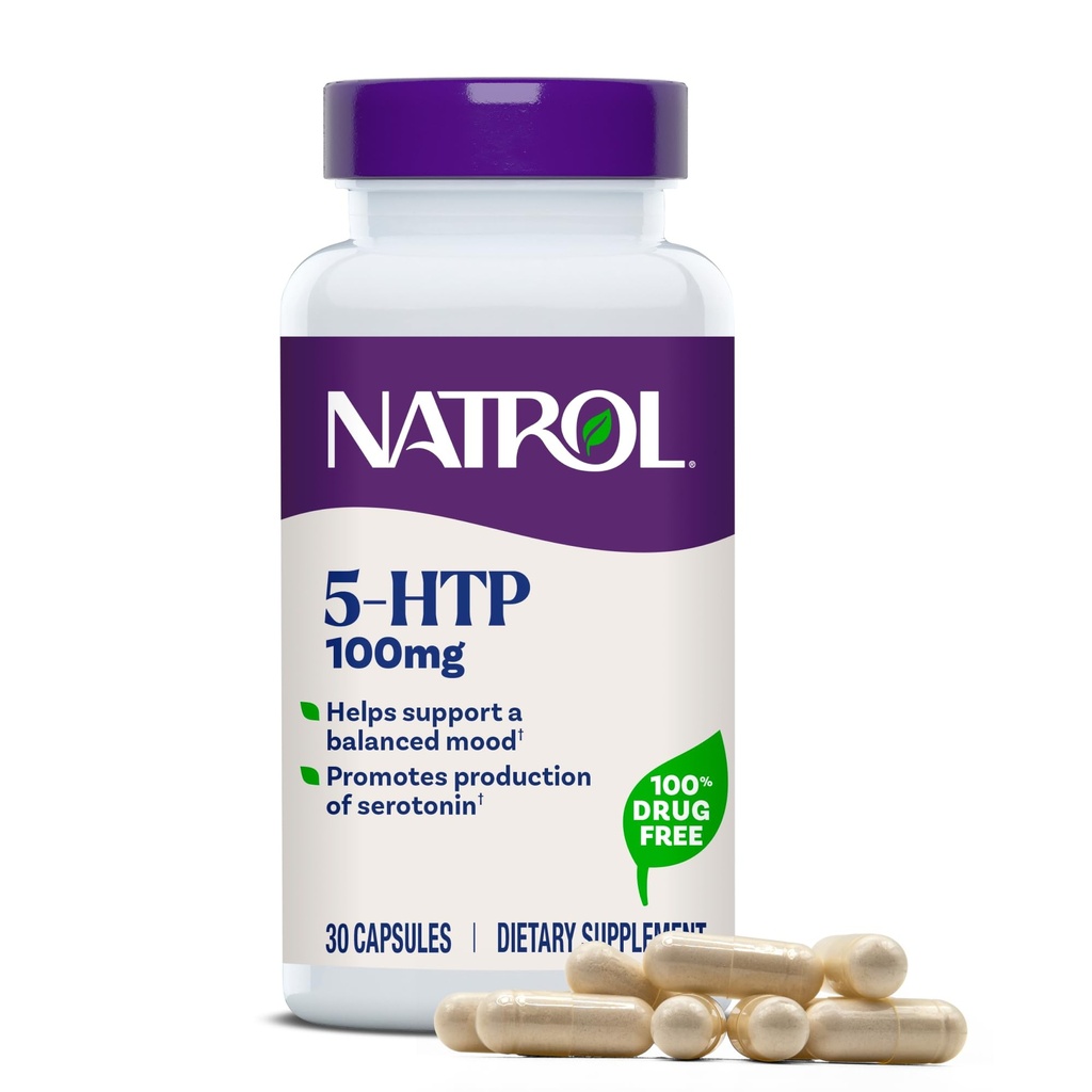 Natrol Mood + Stress 5-HTP 100 mg, Integratore alimentare per un bilanciato mood, Capsule per adulti, 30 capsule, Fino a un 30 giorni di alimentazione
