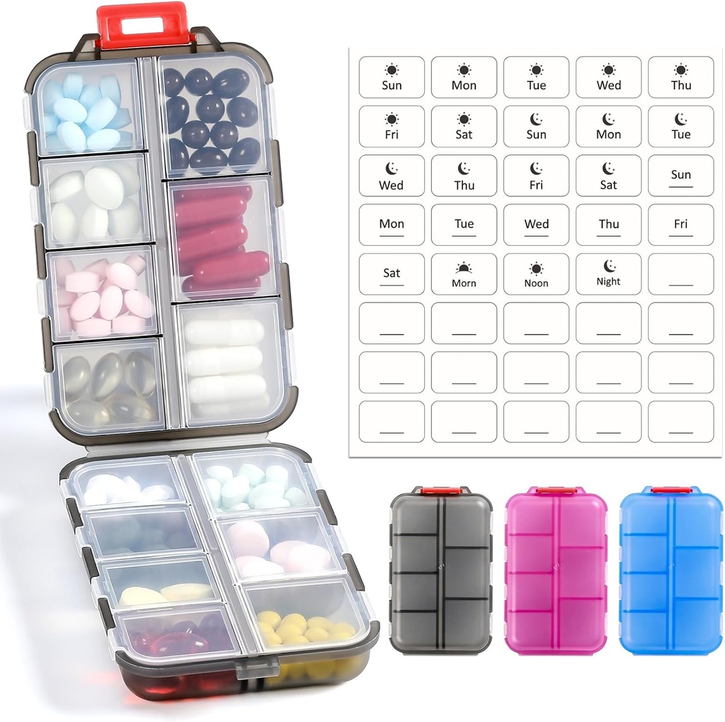 3 Pack 14 GRIDS Travel Pill Organizer Box con Etichette - Travel Medicine Case Kit - Pocket Daily Pharmacy Container - Dispenser per il supporto per la vitamina dell'olio di pesce - Clear