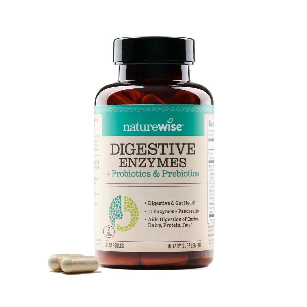 NatureWise Digestive Enzymes - Multi Enzimi con Probiotici + Prebiotici - Post Mealtime Comfort & Bloating Support + Aids Digestion and Gut Health - Soy-Free, Non-GMO - 60 Capsule[1-Month Supply]
