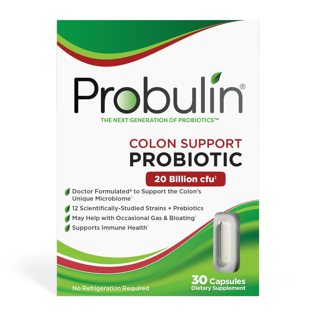 Probulin Colon Supporto giornaliero Probiotico + Prebiotico + Supporto Gut Salute, Gas occasionale e Bloating - 20 miliardi di CFU - 12 Strains, 30 capsule vegane