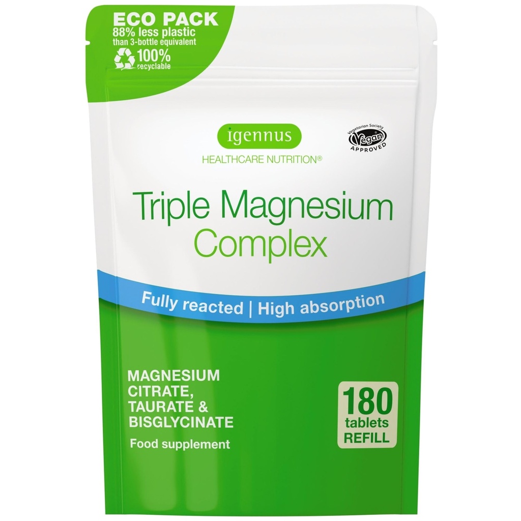 Igennus Superior Triple Magnesium Complex, Glycinate, Taurate & Citrate, Etichetta pulita, Biodisponibilità & Assorbimento, 180 compresse, Vegan, Non-Buffered